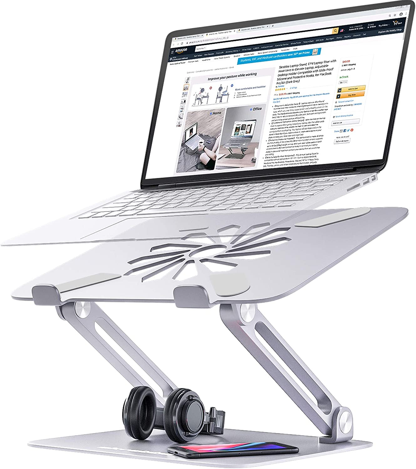 Adjustable Ergonomic Laptop Stand with Heat-Vent - Elevate Your Laptop for Comfort & Performance (Compatible with All 10-17" Laptops, Silver)