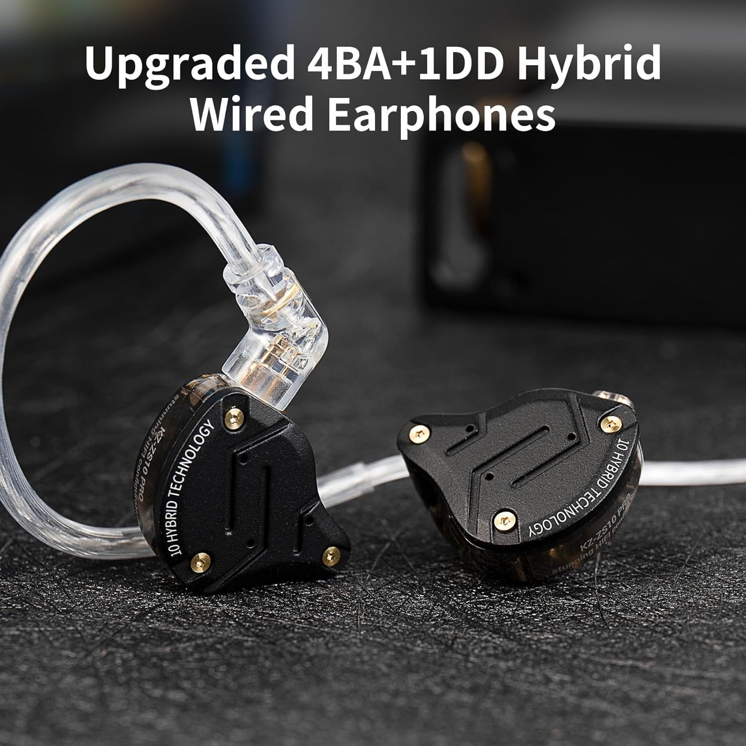 KZ ZS10 Pro in Ear Monitor, IEM Earbuds Headphone, Gaming Earbuds with 4BA and 1DD Drivers, KZ Hifi IEM Earphone Upgraded ZS10 with Detachable 0.75Mm 2 Pin 6N OFC Cable (Black No Mic)