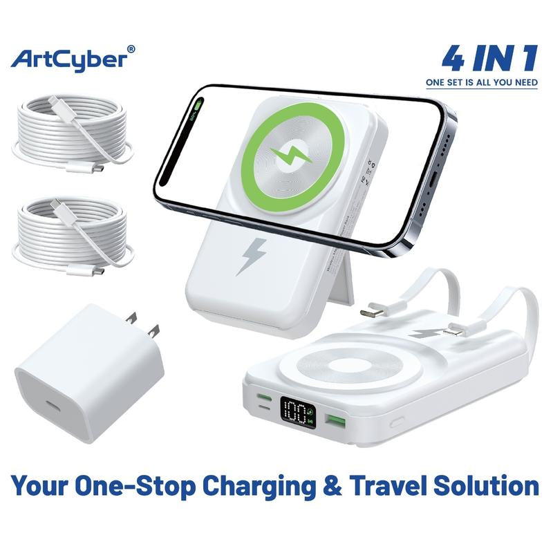 4-In-1 Magnetic Charging Kit – 10000Mah Foldable Power Bank + 20W Adapter + Dual Cables – Fast Charge 5 Devices for Ios & Android
