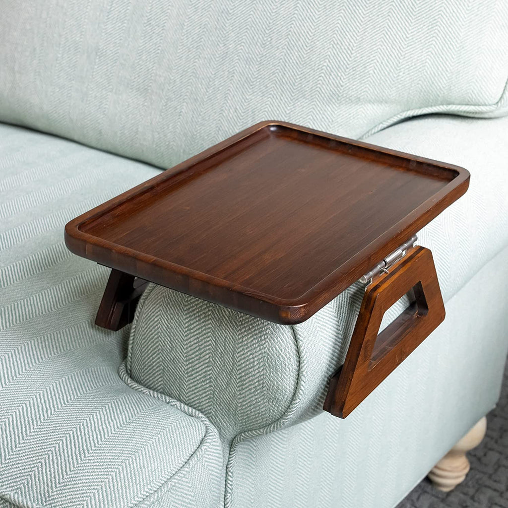 Bamboo Couch Arm Table - Clip-On Tray for Snacks, Drinks & TV Dinners, 13.75 x 9.5 Inch, Brown
