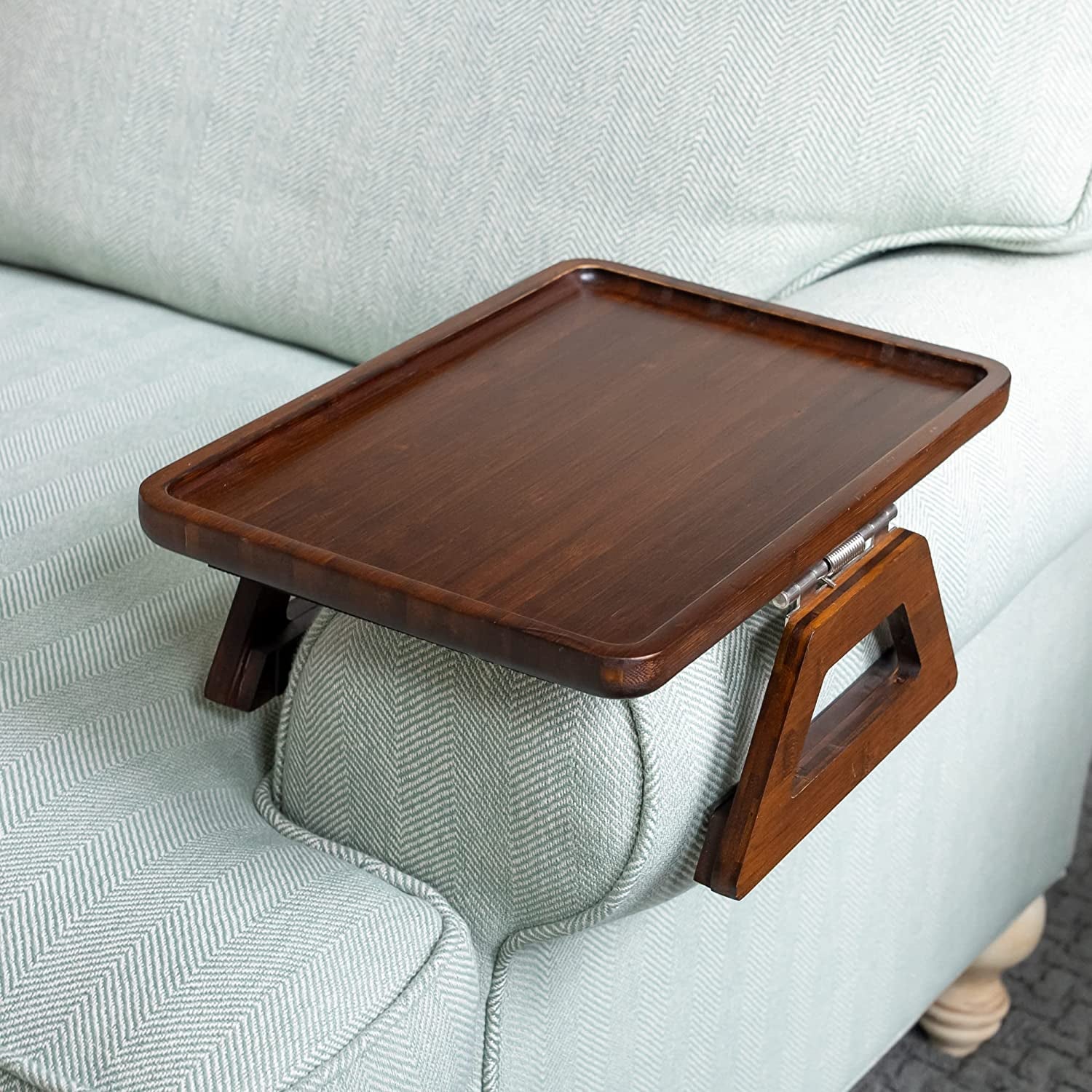 Bamboo Couch Arm Table - Clip-On Tray for Snacks, Drinks & TV Dinners, 13.75 x 9.5 Inch, Brown